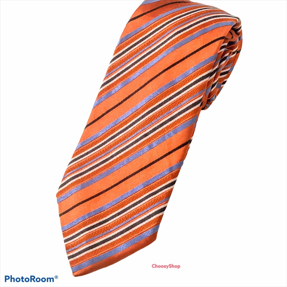 Burnt Orange Blue White Stripe Silk Tie